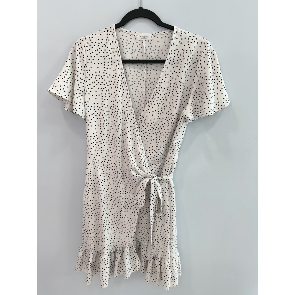Naggoo White Polka Dot Wrap Dress Medium Ruffle Sleeve V Neck Midi Cottagecore